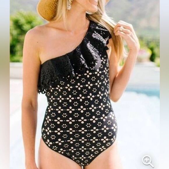 J. Crew Scalloped Ruffle One-Shoulder One Piece Swimsuit in Black Size 6 - Picture 1 of 9